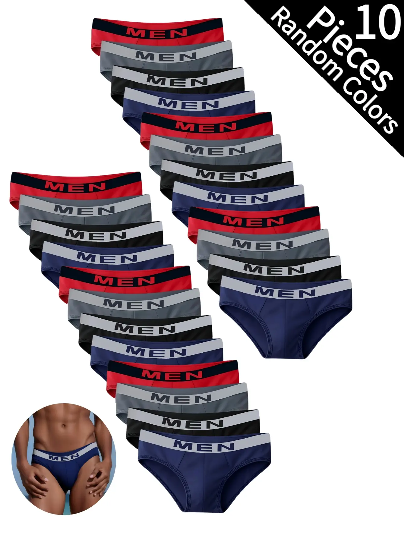 Men's 10-Pack Plain Briefs Set - Breathable Multicolor Underwear with Mid Waist Elastic Band for All-Season Comfort, Athletic