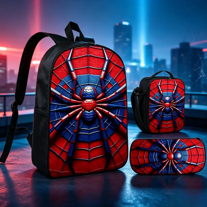 3-Piece Spider-Themed Backpack Set - Red Blue 3D Sci-Fi Spider Web Print Waterproof School Bookbag with Insulated Lunch Bag & Anime Pencil Case, Durable Teen Travel Bag for Boys, School Supplies Gift
