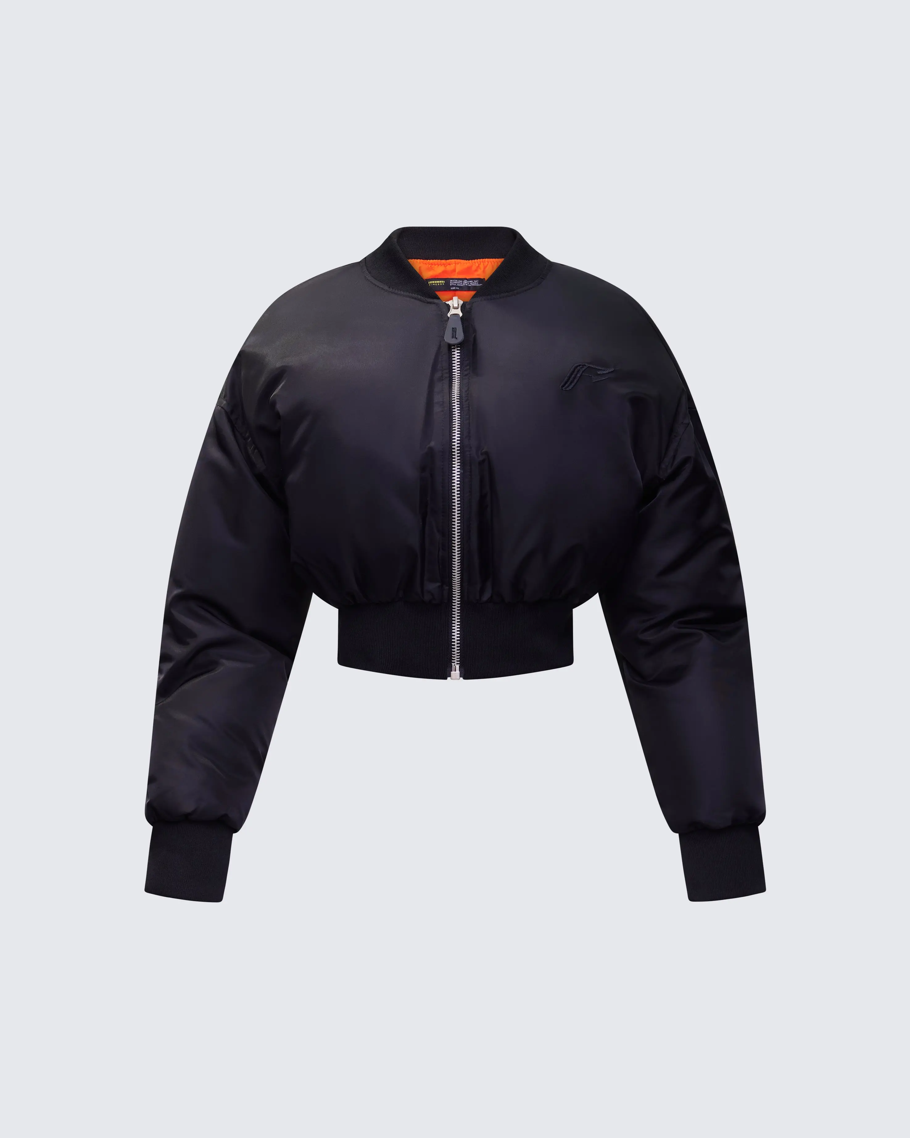 Women's Cropped Puffy Bomber Jacket with Contrast Orange Lining, a Casual Ribbed Nylon Flying Jacket with Full Zipper