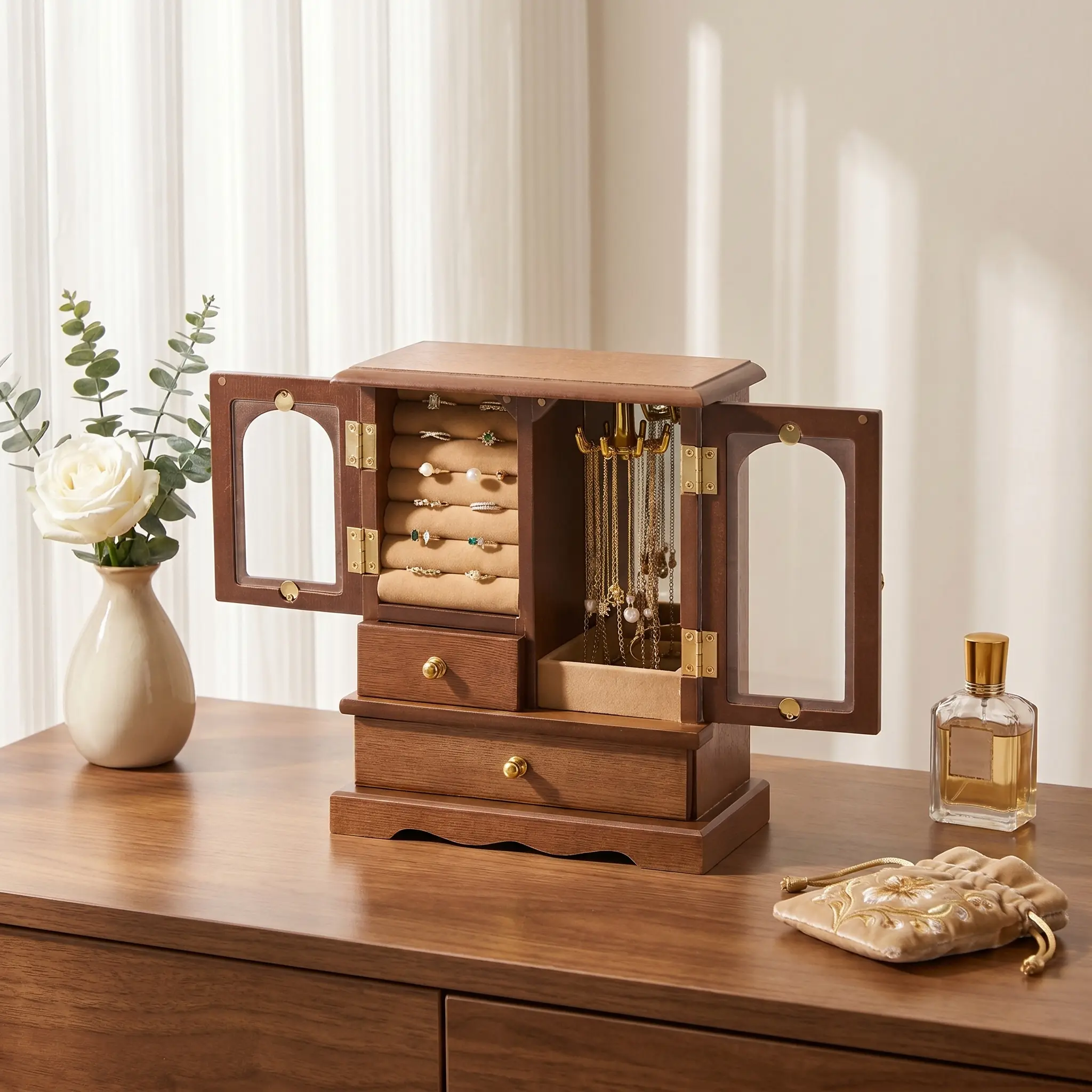Casegrace Smooth Walnut Wooden Jewelry Storage Cabinet with Golden Hardware, Ring Roll Slots, Large Capacity, Velvet Lined Display Case, Cushion, Transparent Accents, Vintage Vanity Table Decor, Ideal Gift for Home Organization, Organiser