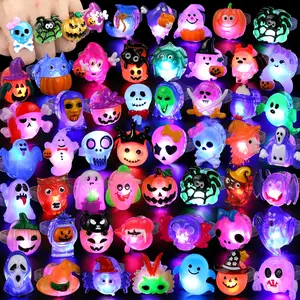 Halloween Treats 50Pcs 3D Ring LED Light Up Rings Halloween Toys Halloween Party Favors for Kid Glow In The Dark Accessory Non Candy Gift Bag Fillers NEW VERSION
