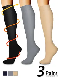 3 pairs of men's and women's compression socks with a compression rating of 15-20 mmHg in a knee-high design for running, performance and recovery, available in a range of colours to help improve circulation Athletic Socks