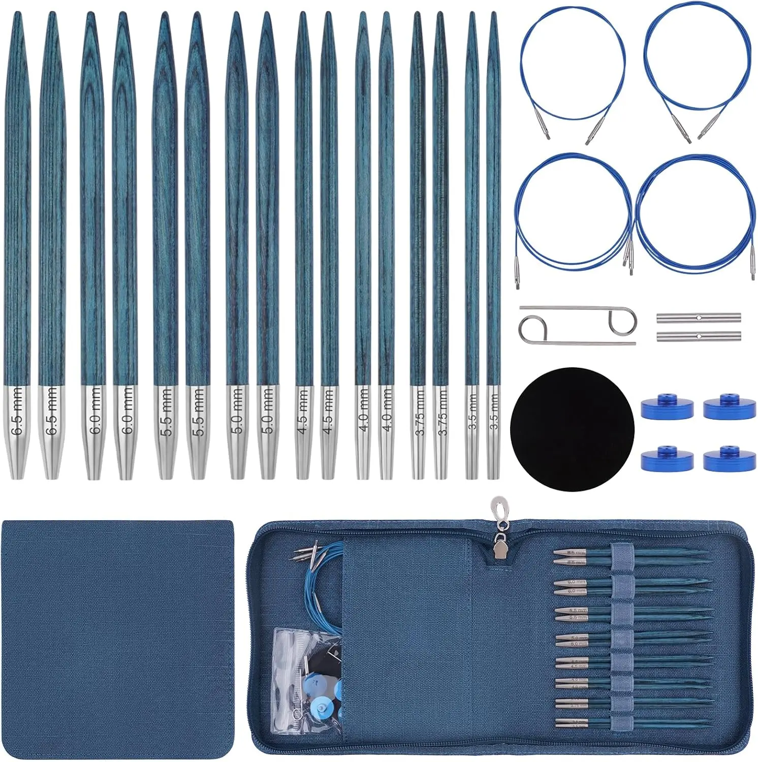 Interchangeable Circular Knitting Needles Set,8 Pairs Birch Wood Interchangeable Knitting Needles Set 3.5mm-6.5mm with Cables,Accessories and Case