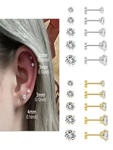 3/5/6/10pcs Hypoallergenic Stainless Steel Flat Back Stud Cartilage Earrings,Cubic Zerconia Daith Tragus Rook Screw Back Earings, High Quality Earrings, Studs Earrings