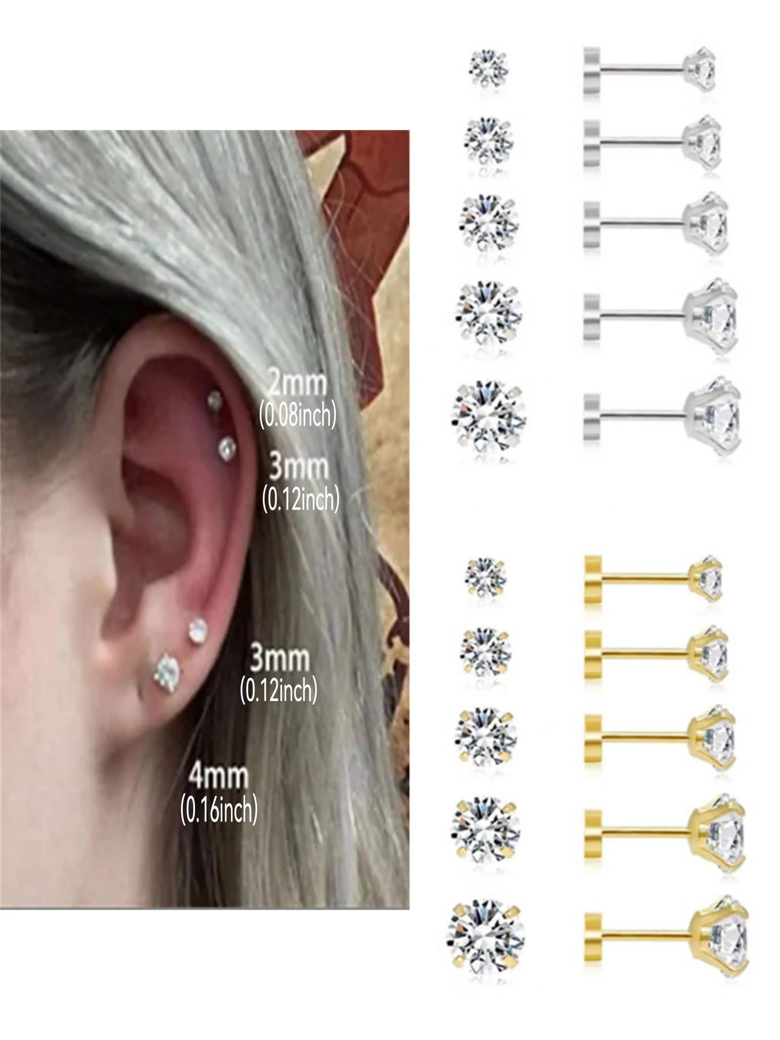3/5/6/10pcs Hypoallergenic Stainless Steel Flat Back Stud Cartilage Earrings,Cubic Zerconia Daith Tragus Rook Screw Back Earings, High Quality Earrings, Studs Earrings, Earrings Jewelry