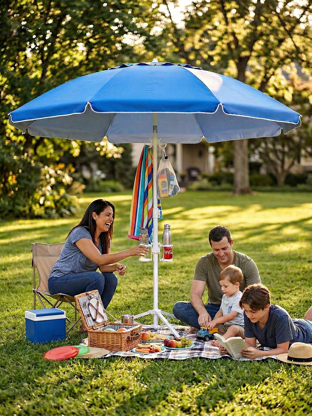 Portable Umbrella with Stand, UPF 50+ Sports Sun Shade Umbrella with Carry Bag, Hook and Cup Holders, Adjustable Instant Sun Protection for Sports, Beach, Royal Blue, Fishing