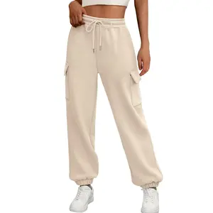 AUTOMET Womens Sweatpants Cargo Fleece Lined Baggy Athletic Jogger with Pockets 2024 Casual Trendy Pants Fall Outfits Apricot Large