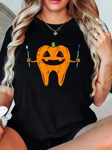 Halloween Dentist Tooth Pumpkin Dental Costume Men Women T-Shirt Crew Neck T Shirt For Summer, Women's Soft Short Sleeve Top, Stylish Comfy Tee For Women Graphic Tees