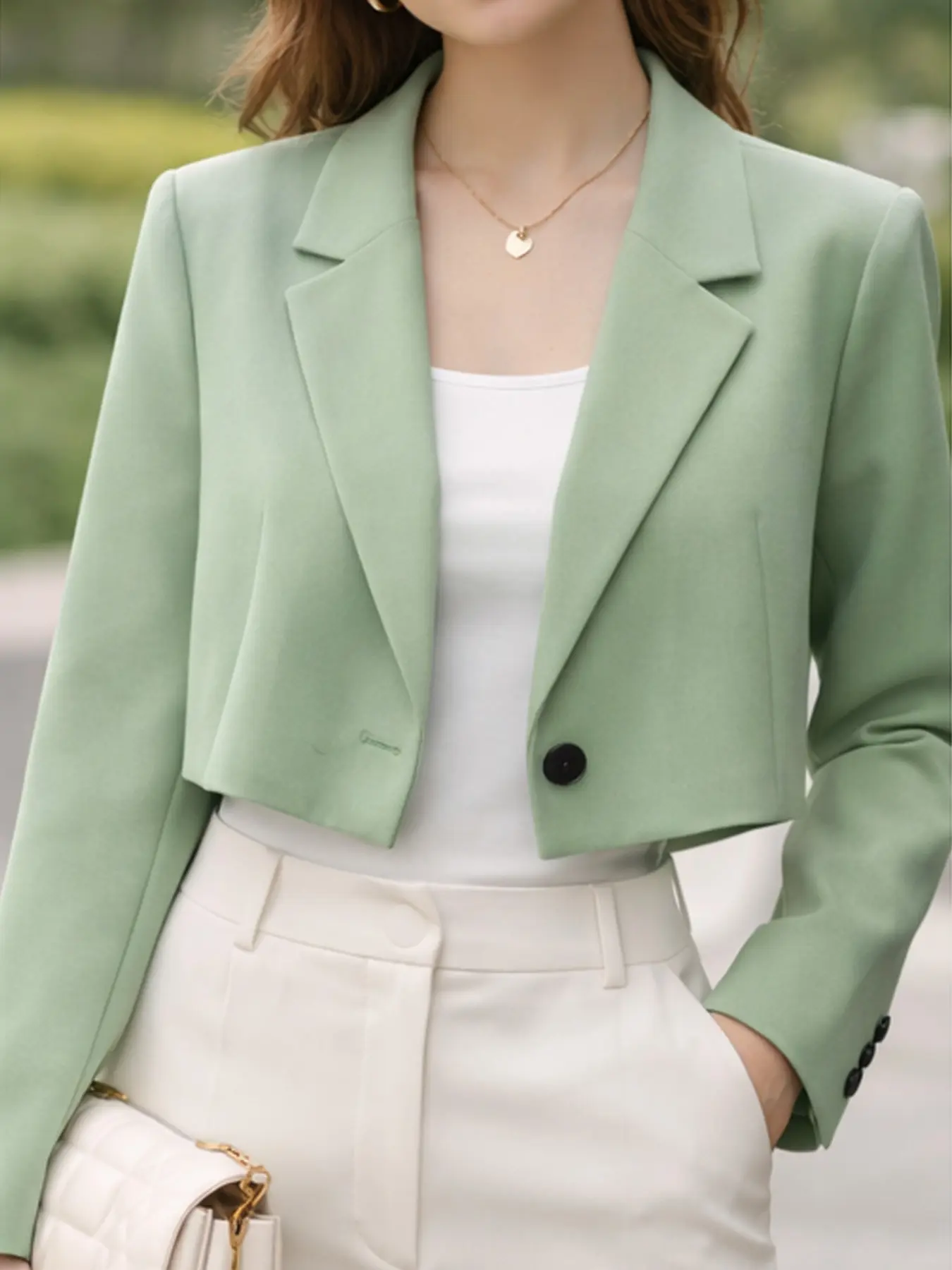 VERNOLA Women's Fitted Short Single-breasted Long-sleeve Suit Blazer - Chic Vintage Minimalist Fabric, Business Casual Office Jacket (Black, Green, Cropped, Button-front)
