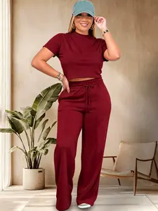 European and American casual sports two-piece short short-sleeved T-shirt + drawstring high-waisted wide-leg trouser suit Versatile solid color loose lazy sweatshirt set for home outings