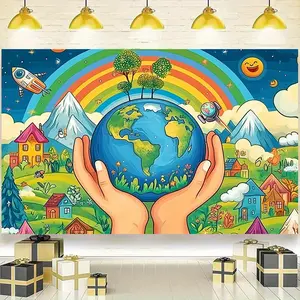 1pc Global Joy Theme Party Banner - Vibrant Earth & Celestial Design,  Polyester Backdrop for Holiday Parties, Home Decor & Studio Props, Perfect for Celebrations & Gifts