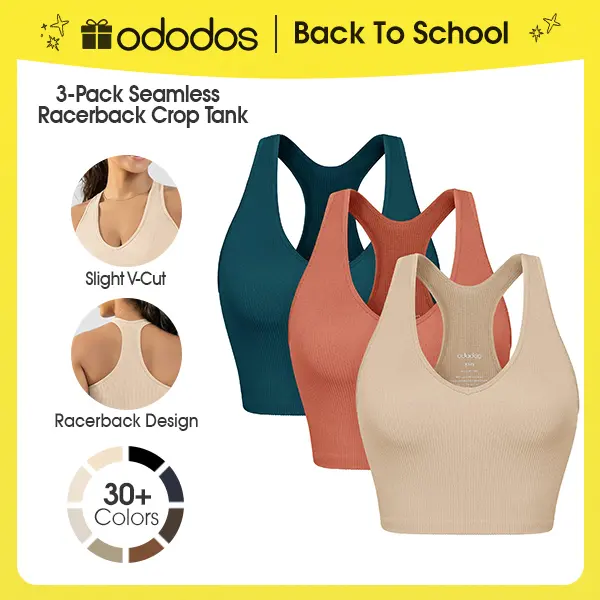 ODODOS Women's 3-Pack Seamless Racerback Crop Tops - Ribbed Knit, Scoop Neck, Sleeveless, No Padding, Chic, Short, Cropped, Minimalist, Comfortable, Twist Design, Lightweight, for Workout & Casual Wear Fit Fabric