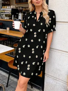 Women's Floral Bubble Hem Dress, Short Sleeve Loose Fit Casual Wear, Perfect for Daily, Travel, Dates, Vacation, Boho Casual Comfy