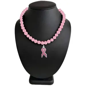 Pink Out Iced Disco Ball Crystal Bead Baseball Drip Necklace w/ Iced Pink Ribbon Pendant