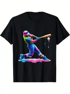 Men's Baseball Player Drip Ice Cream Graphic T-Shirt - Short Sleeve Round Neck Cotton Shirt with Hem Suitable for Sports Fans, Casual Wear, Machine Washable Gift for Year-Round & Summer Apparel ()