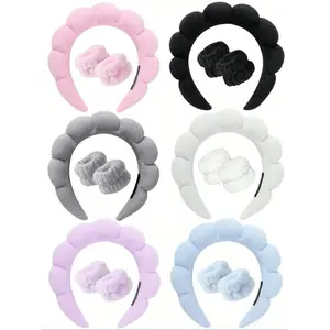 3-Piece Spa Headband and Wristband Set, Soft Velvet Fluffy Puffy Sponge Makeup Headband for Facial Cleansing and Skincare