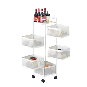 5 Tier Metal Square Rotating Storage Rack - Kitchen Trolley Storage - Movable Vegetable Storage Rack with 360° Wheels Perfect for Pantry, Bathroom, or Living Room