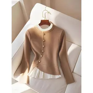 Women'sElegantBeigeSweater-GoldButtonRoundNeckPullover,All-SeasonMachineWashableTop