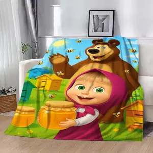 3D Masha and Bear Cartoon Blanket Soft Warm Throw Blanket for Bed Bedroom Room Living Room Picnic Christmas Kids Gift