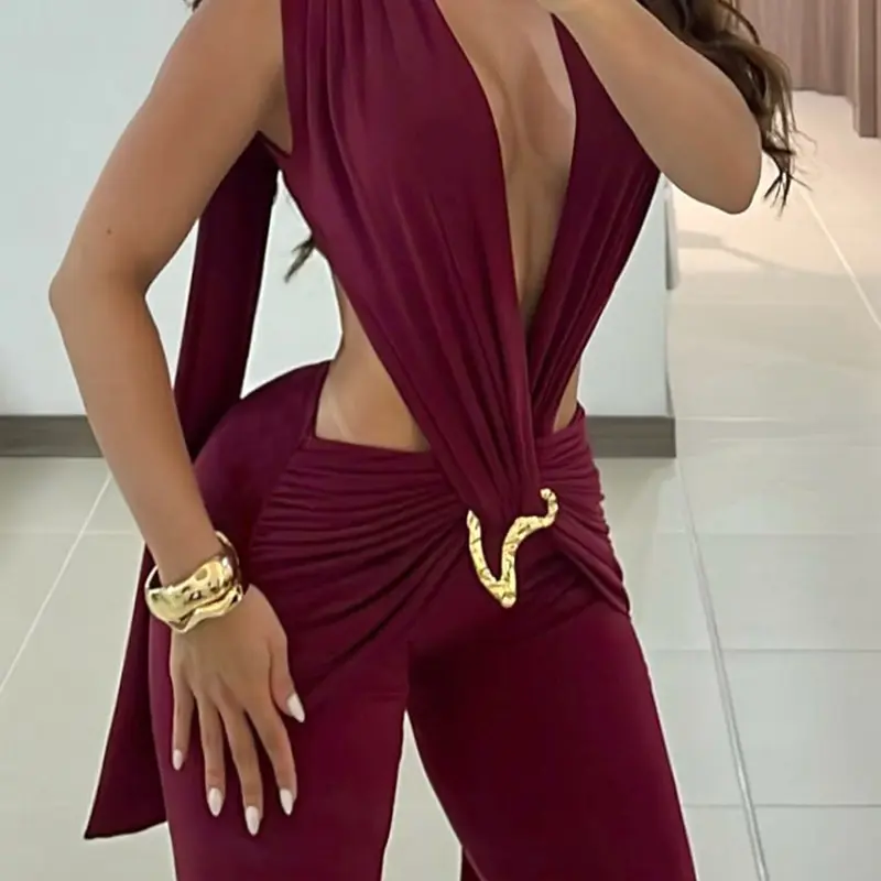 Women's Sleeveless Backless Tie Neck Long Pants Slim Fit Jumpsuit Romper, Fashionable Jumpsuit, Chic Jumpsuits, Jumpsuits Rompers, Decorative Autumn Fashion, Sexy One-Piece Womenswear