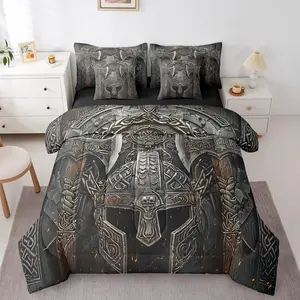 Ancient Vi Comforter Set,7 Piece Vi Warrior Bedding Set for Kids Teen Adults,Black Double Battleaxe Bed in A Bag,Nordic Mythology Tribe Sheet Set
