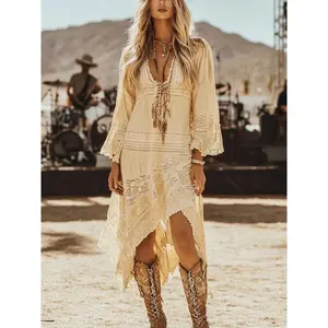 Cross-border European and American Spring and Autumn retro wasteland style ethnic style floral breathable casual dress long dress Womenswear Summer
