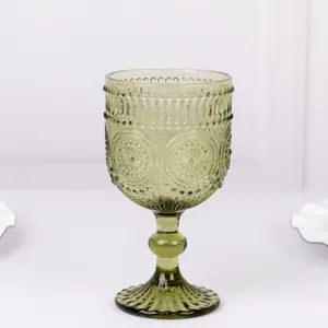 6-Pack Vintage Embossed Wine Glasses 12oz Short Stemmed Design Dusty Sage Green - Textured Floral Pattern for Cocktails & Drinks