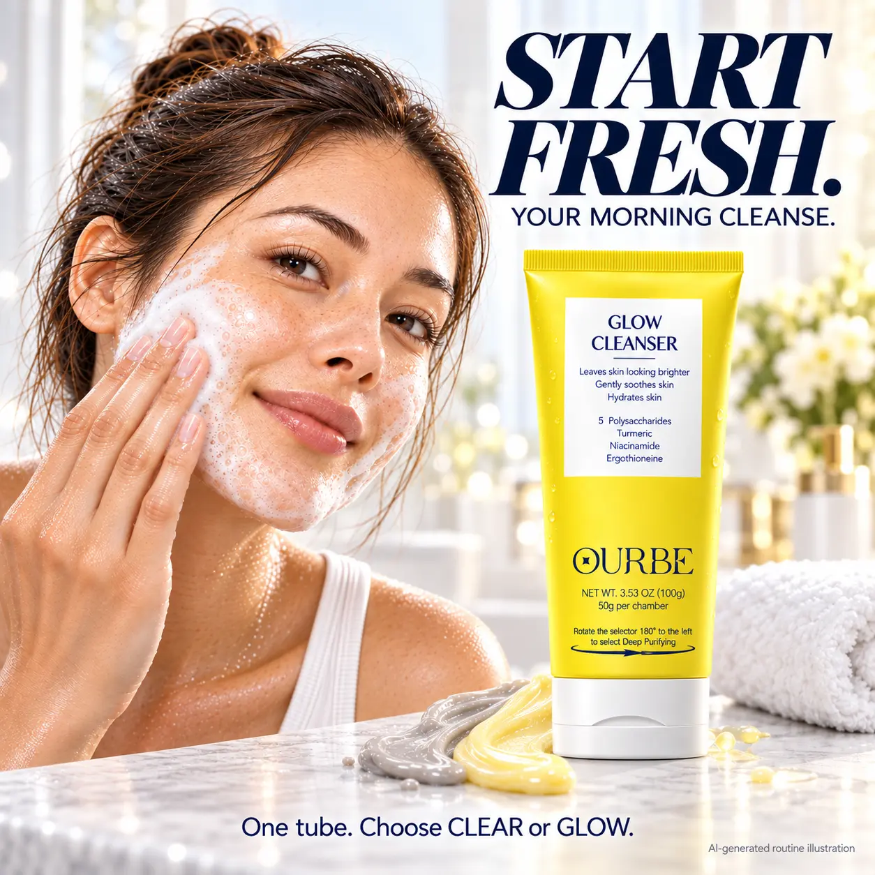 【OURBE Official Shop】2-in-1 Dual-Chamber Gel Facial Cleanser - 3-Mineral Clays for Pore Cleansing, Turmeric Brightening, Oil Control, Hydration, Facial Cleansing, Face Wash for Oily/Combo Skin