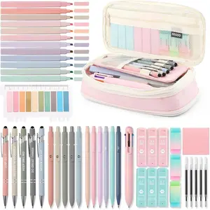 56 count Aesthetic School Supplies with Large Pencil Case, 5 Inspirational Ballpoint Pens, 12 Pastel Highlighters, 5 Black Ink Gel Pens, 6 Mechanical Pencils 0.5-0.7mm College Student Essentials ()