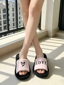 Love Heart Plush Slip-Ons, Soft Plush Upper, Love Letter & Heart Embroidery, Thick Anti-Slip Sole, Open-Toe Home Slippers for Women, All Seasons