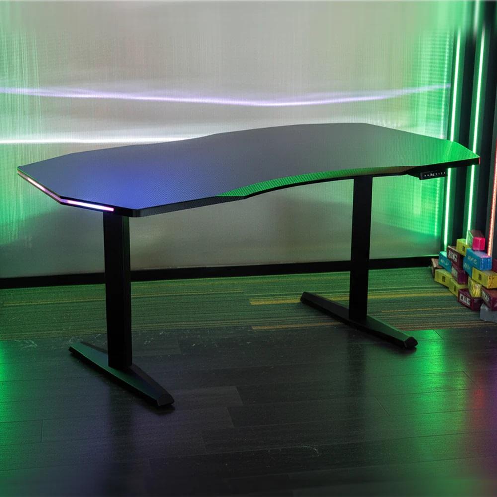 RGB Electric Height Adjustable Standing Gaming Desk, 63"×31.5" Large Ergonomic Curved Desktop, Dual-Motor Lift 27"–46" (≤50 dB), Sturdy 220 kg Steel Frame, for Home Office & Gaming (Ships in 2 Packages)