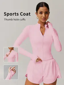 Women's Stand Collar Zipper Sport Jacket, Thumb Hole Sleeve Slim Fit Gym Coat, High Stretch Quick Dry Breathable Yoga Top, Sports Outerwear, Athletic Outerwear