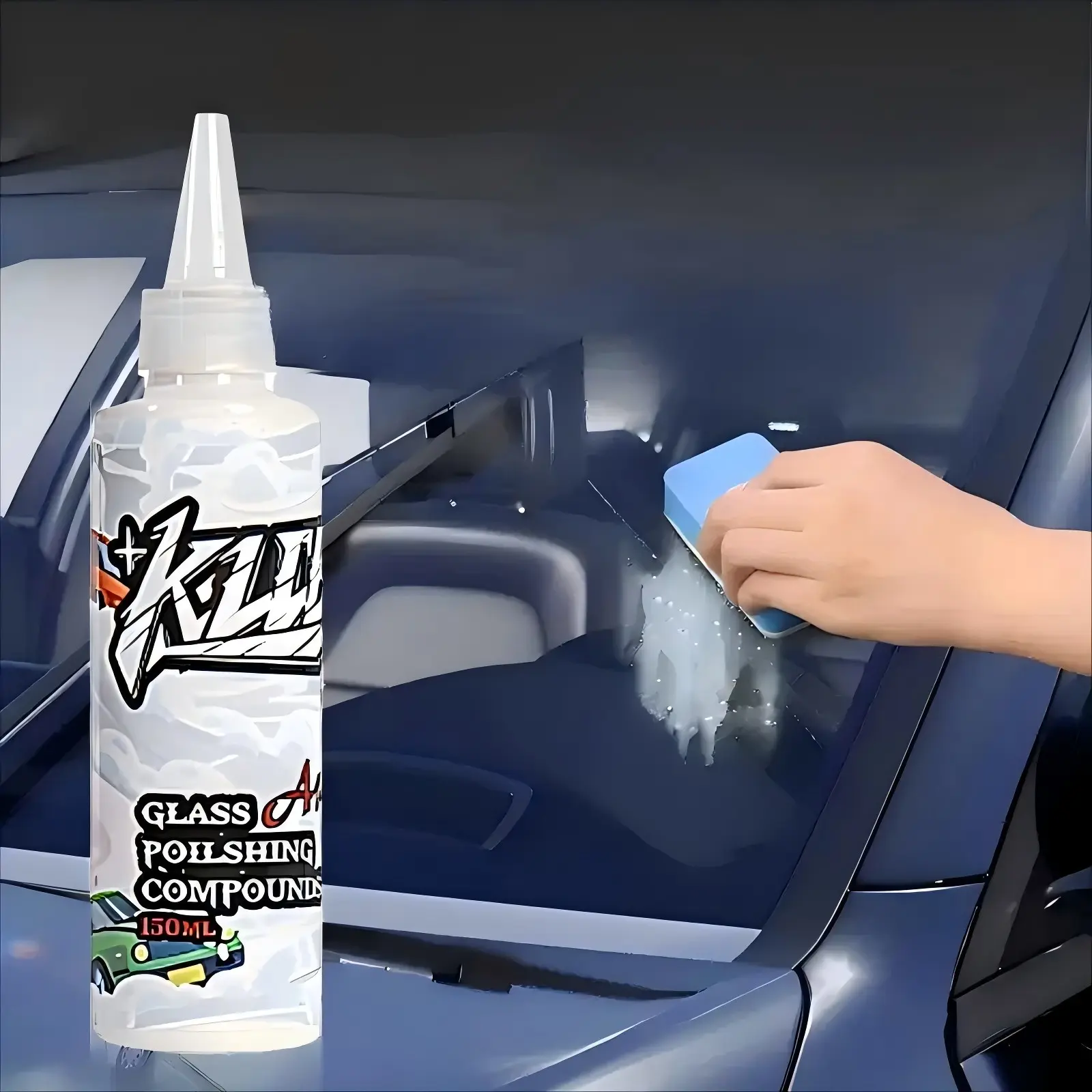 Automotive Cut & Polish Compound Glass Cleaning Solution - 150ml Bottle with Sponge Applicator, Removes Oils, Oil Film, Watermarks, Heavy Stains, Delivers Streak-Free High Gloss for Car Windows/Mirrors Car Care