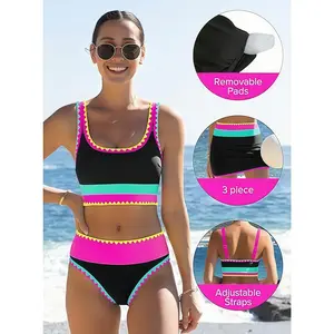 (Size Runs Small) Women Neon 3 Piece Bikini Outfit, High Waisted Tummy Control Swimsuits, Adjustable Wide Strap Sport Swimwear for Beach Ball Water Sports