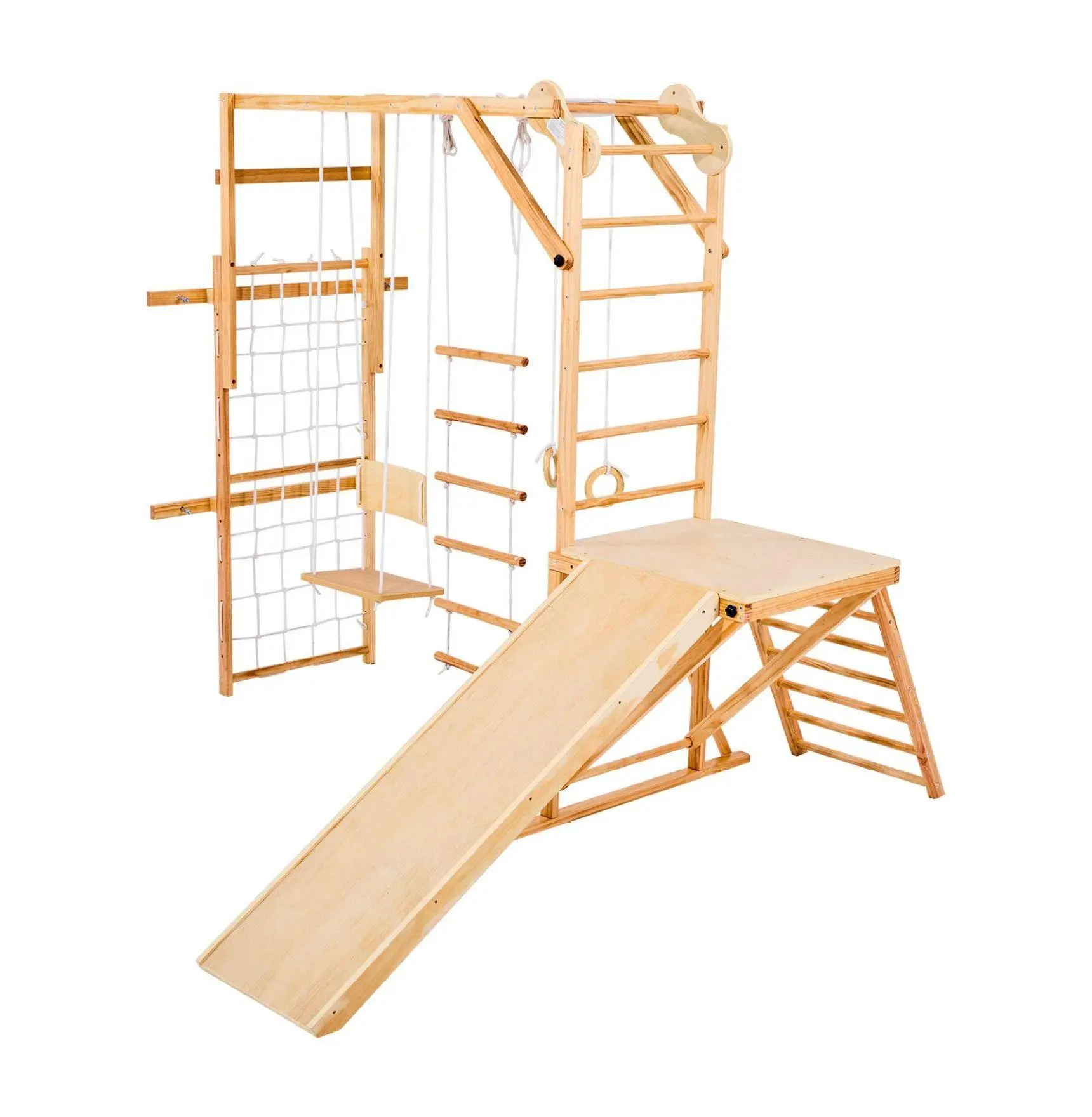 Wooden Indoor Playground for Kids 8-in-1, Jungle Gym with Slide & Swing, 220lbs Capacity, Montessori Climbing Playset, Wooden Ladder, Climbing Net, Gym Rings Default