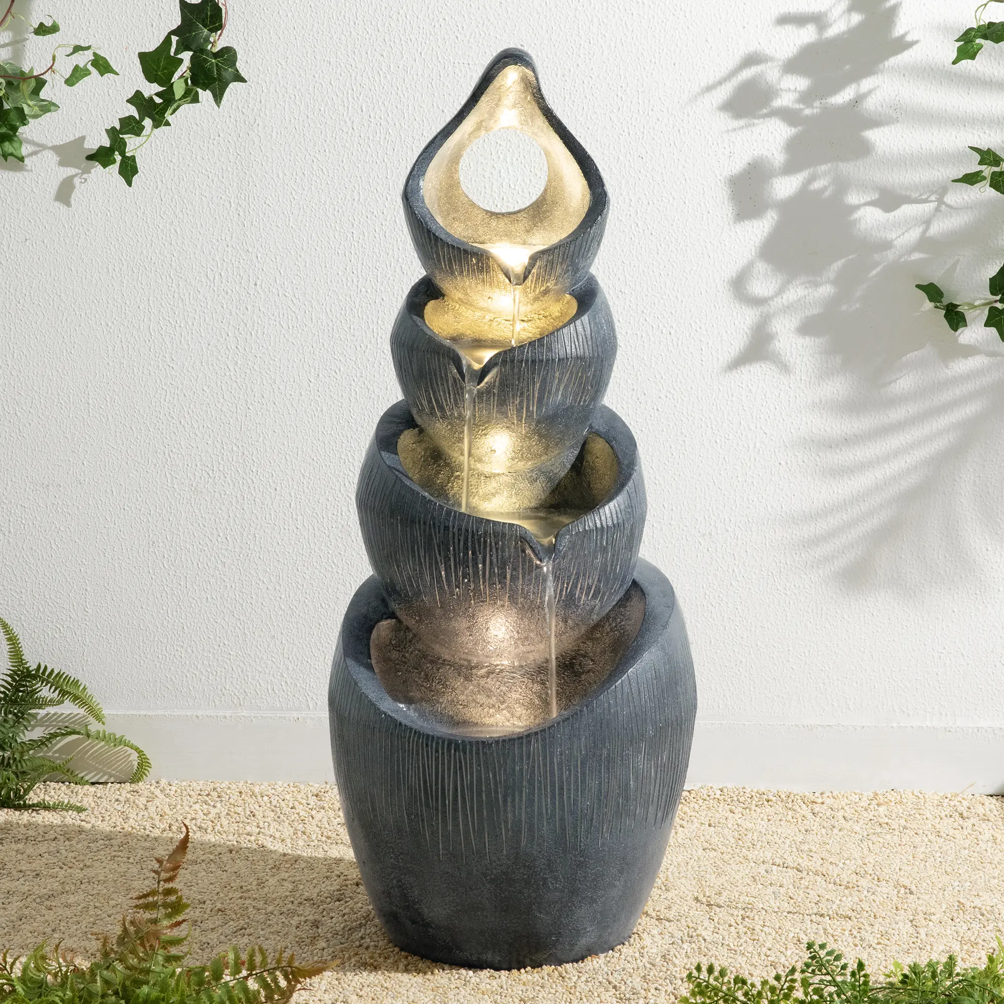 Glitzhome 34"H 4-Tiered Zen-Style Alms Bowl Polyresin Outdoor Fountain with Pump and LED Light