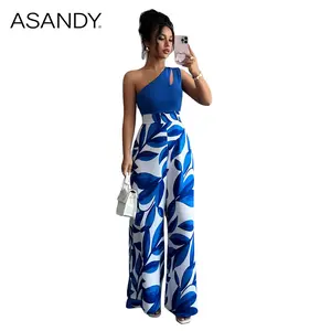 ASANDY Women's One Shoulder Cutout Wide Leg Jumpsuit Leaf Print High Waist Colorblock Casual Jumpsuit Elegant Silhouette Versatile Style Perfect For Vacation Date Night Streetwear & Daily Looks