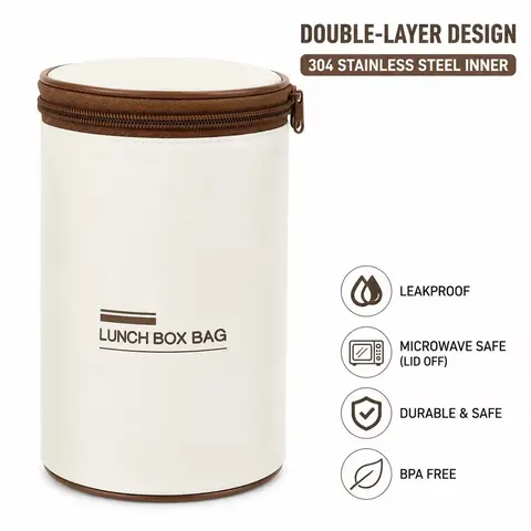 3-Layer 304 Stainless Steel+PP Bento Lunch Box - Airtight, Anti-Leak, Lightweight Lettered Tableware with Portable Carrier, BPA-Free, Insulated Lunch Bag Compatible, Rice+Veg+Soup Fit Container for Adults (Beige)