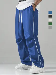 Men's Fashion Reflective Striped Casual Straight Leg Pants, Street Style Retro Function Jogger Pants, Loose Fit Sports Leisure Trousers, Trendy Stripes