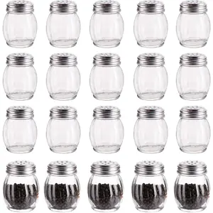 20 Pack 6 Oz Spices Shaker with Perforated Stainless Steel Lid, Swirl Glass Parmesan Cheese Shaker with Slotted Caps, Salt and Pepper Shakers Set, Seasonings Spice Retro Style Dispensers
