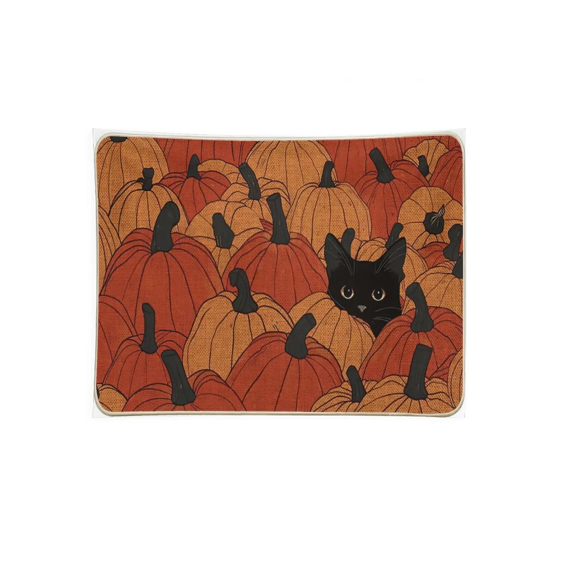 Black Cat Pumpkin Patch Wall Tapestry, Cute Vintage Halloween Kitty Autumn Harvest Spooky Bedroom Dorm Wall Decor