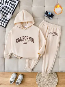 Autumn Winter Kids Fleece Set, California Vintage Letter Print Hoodie & Comfortable Joggers Two-Piece, Perfect Gift for Birthdays & Christmas