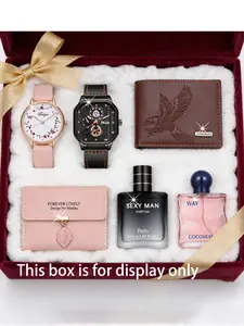 6pcs Fashion Business Casual Couple Fashionable Watches Quartz Watch Set + Glasses + Perfume, Perfect Gift for Him, Valentine's Day Christmas Thanksgiving
