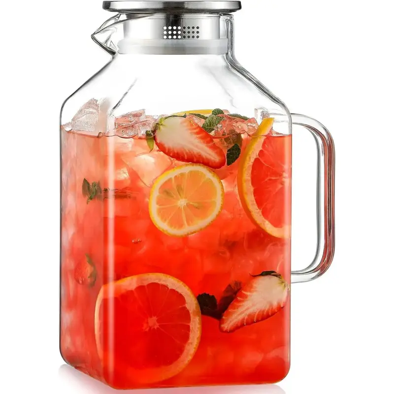 1 Gallon Square Glass Water Pitcher with Lid and Spout, Borosilicate Glass Kettle for Hot/Cold Drinks, Water Pitcher with Handle for Refrigerator, Water Pitcher for Iced Tea, Coffee, Juice, Beverages