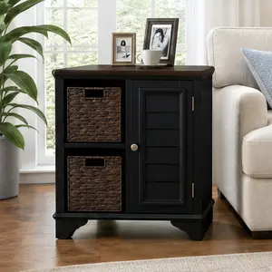 ARCH End Table with Shutter Style Door and 2 Woven Grass Baskets, Black MDF Side Table with Ottoman Legs, Storage Accent Table for Living Room, Bedroom, 18.1W x 23.1D x 24.1H, Black Color Options, MDF Material, Product Weight: 46.08 lb