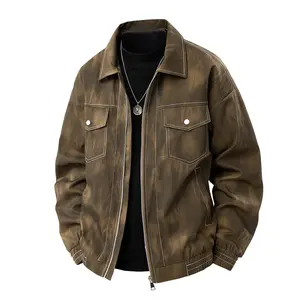 Men’s plus-size jacket with vintage distressed look, contrasting colors, visible topstitching, multiple pockets, loose CleanFit design—versatile outerwear