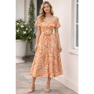 Entro Floral Midi Ruffle Collar Dress - Multi Orange