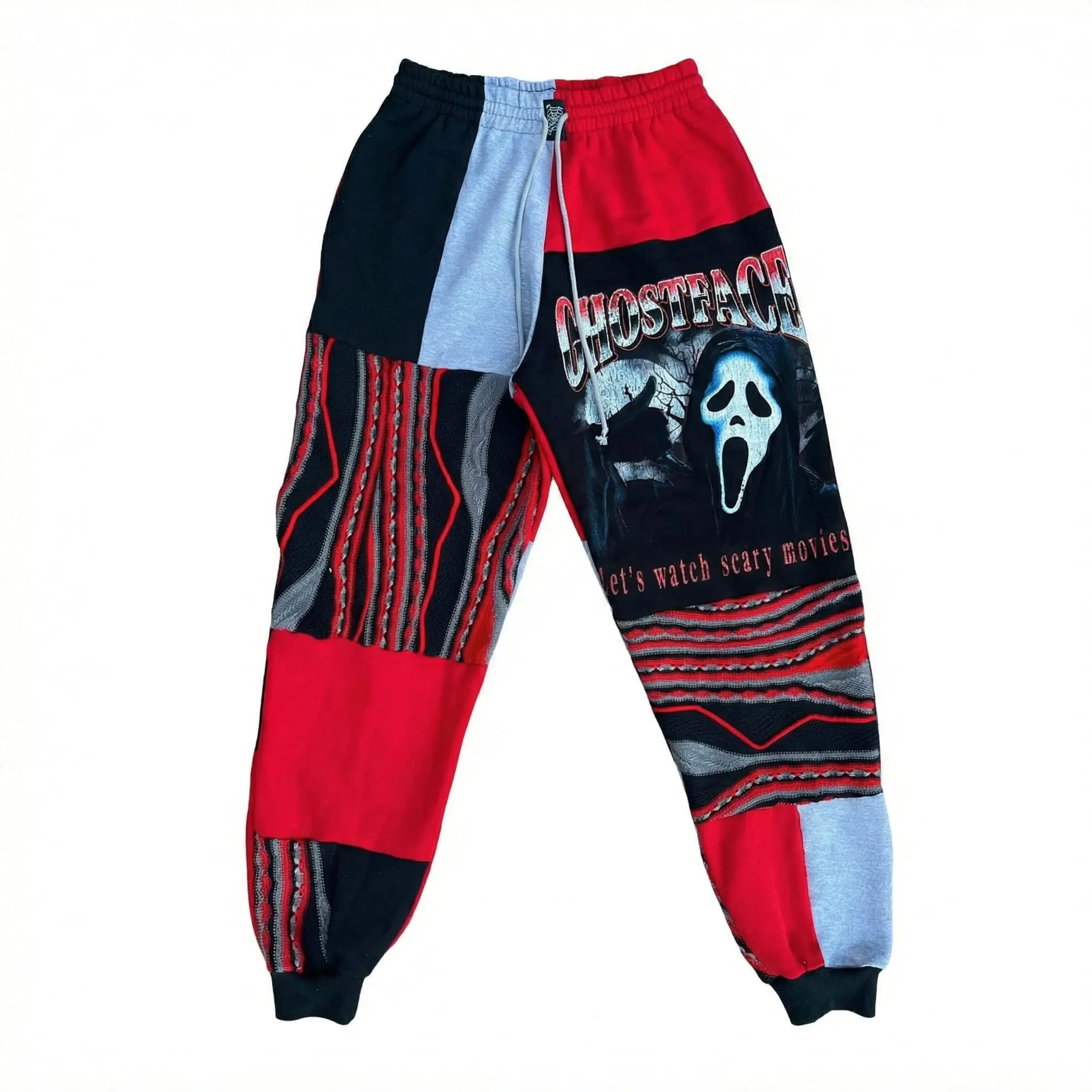 Red Ghost Face Patchwork Halloween Sweatpants, Spooky Streetwear Pants, Fall Winter Pants, For Men & Women, Gift For Couples