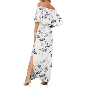 2026 summer new print one-shoulder short-sleeved long dress Ladies take-shoulder dress Wedding dress Summer casual long-lip party Sideside beach Long skirt pocket（sneakers）