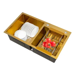 Modern 304 Stainless Steel Kitchen Sink, Gold, Nano-coated, Double Bowl Design, Easy to Clean